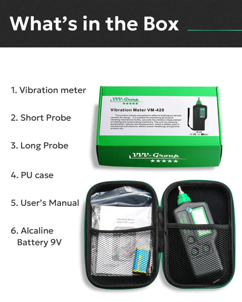 Box contents of VM-420 Handheld Industrial Vibration Meter, including probes, manual, PU case, and 9V battery