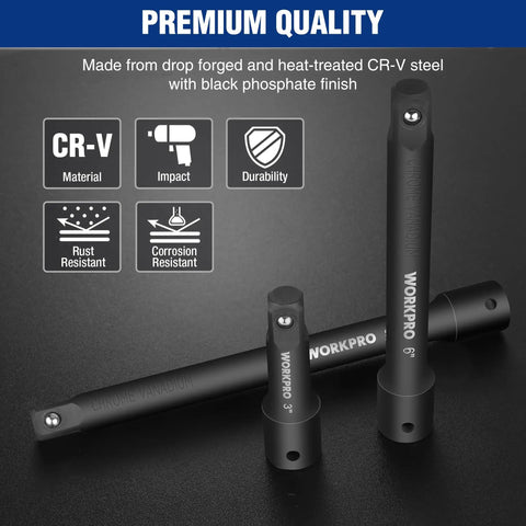 Half Inch Drive Impact Extension Bar Set, 3-Piece Socket Extensions, Chrome Vanadium Steel, 3, 6, 8 inch bars on black surface