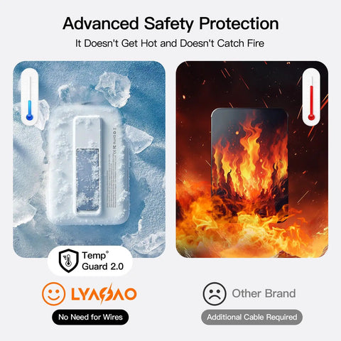 Image comparing safety features of Magnetic Portable Charger With Built In Cable 10000mAh Power Bank, showcasing temperature control.