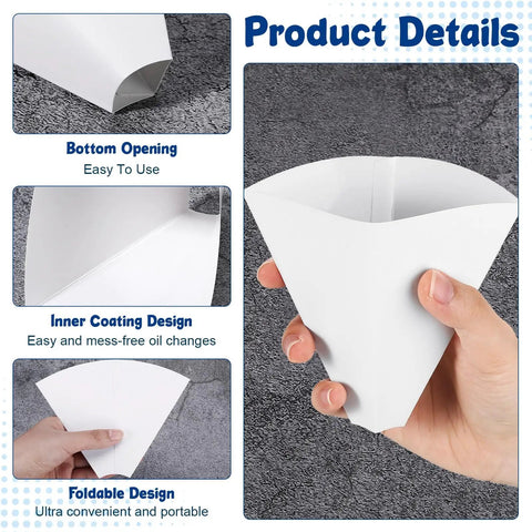 50 Pack Disposable Paper Oil Funnels, 10 Oz Capacity, shown folded with bottom opening and coating design for mess-free use.