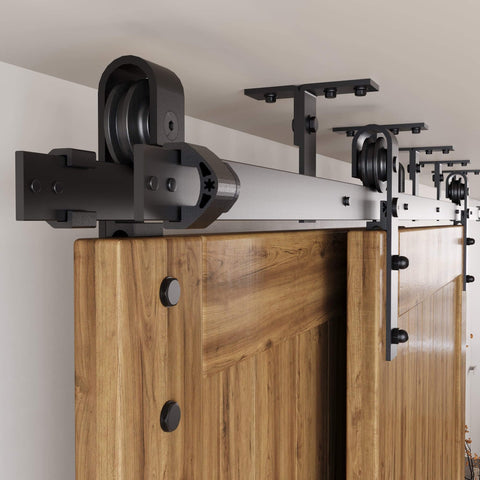 Close-up of installed Black Rustic Ceiling Mount Double Track Bypass Sliding Barn Door Hardware Kit For Two Doors 7.5Ft.