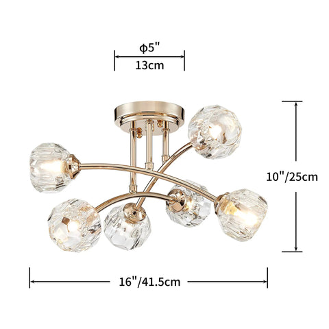 Spuntnik Crystal Ceiling Light Fixture With Six G9 Base Bulbs, Semi Flush Mount, D16 x H10, Clear Crystal With Shining Gold Finish Metal Frame, Modern Glam Accent Lighting For Living Rooms, Dining Rooms, And Hallways