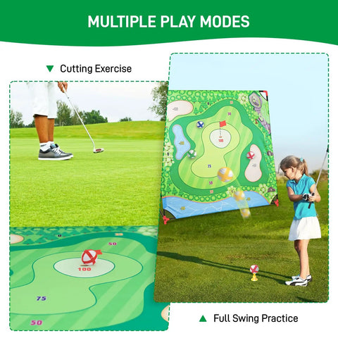 Vertical Golf Chipping Game With Stand Upgrade 54 By 54 Inch Hitting Mat And Practice Set With Sticky Balls for multiple play modes display.