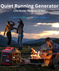 3800W Gas Powered Portable Inverter Generator with CO Sensor near campfire with people playing guitar outdoors