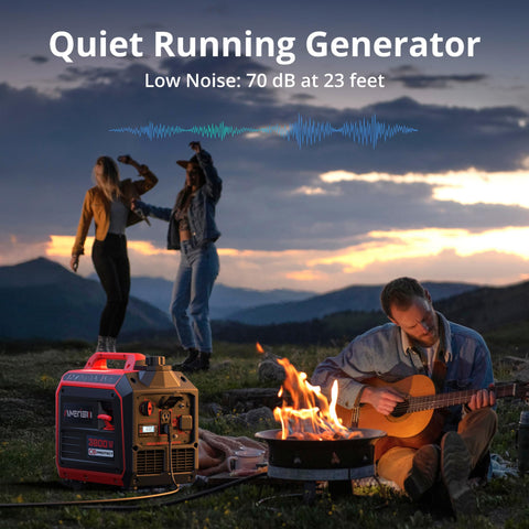 3800W Gas Powered Portable Inverter Generator with CO Sensor near campfire with people playing guitar outdoors