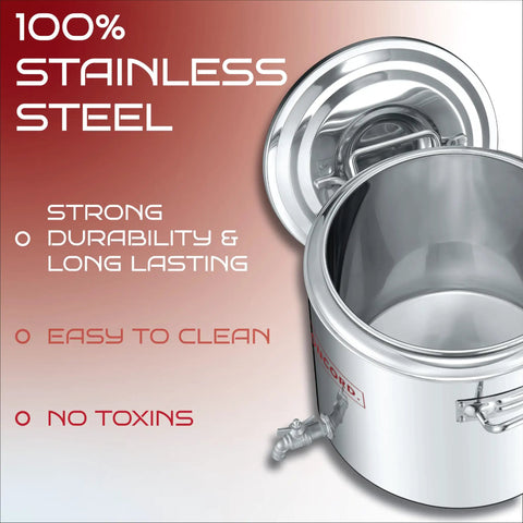 Heavy Duty Stainless Steel Insulated Double Wall Stock Pot Keeps Grub Bangin Hot Or Bone Chill Long For Catering Duties And Backyard Boils With A Massive Forty Quarts, showcasing 100% stainless steel interior and easy-clean design.