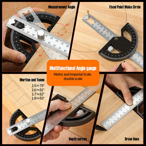 Heavy Duty 8 Inch Protractor Angle Finder Carpenter Square Adjustable Aluminum Gauge With 0 To 180 Degree Swing Arm for precise angle measurements.