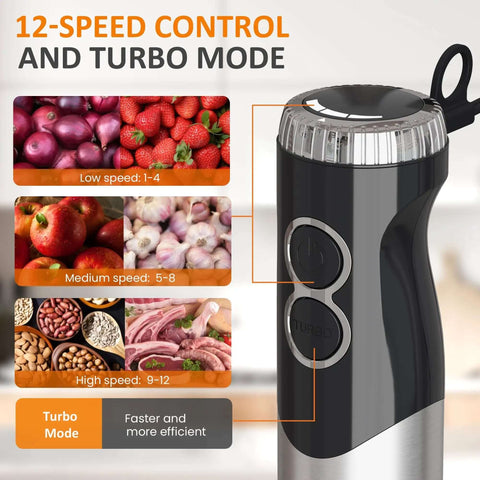 Heavy Duty Cordless Hand Blender 1000W Stick Mixer With Turbo Mode And 12 Speeds showing speed control panel and controls.