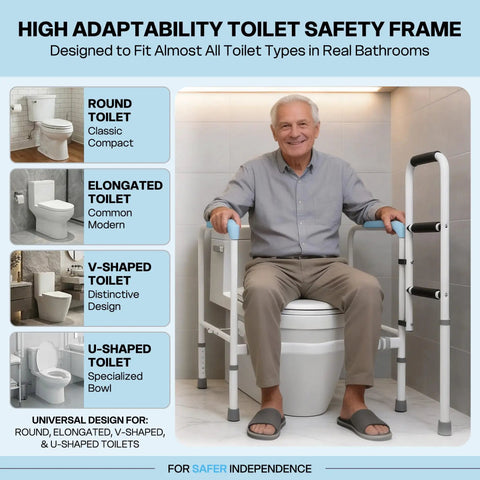 Heavy Duty Aluminum Bathroom Assist Rail Frame For Seniors And Adults Delivers Built Tough Support And Zero Shake Feel During Daily Bathroom Transfers Safely, shown with various toilet types.