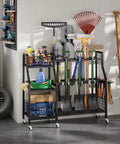 Heavy Duty Garden Tool Organizer On Wheels With Six Wheels Three Lockable And Two Baskets Large Metal Garage Tool Storage loaded with garden tools