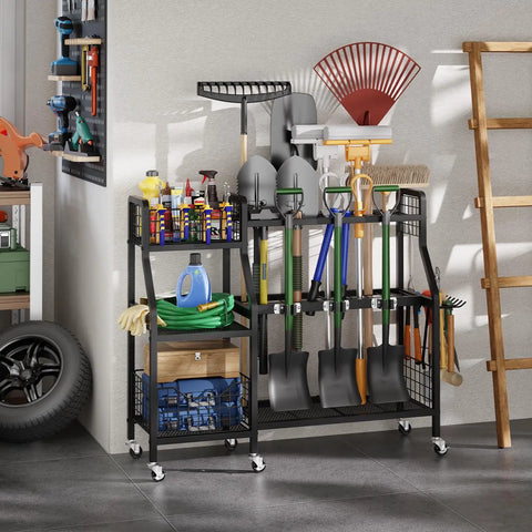 Heavy Duty Garden Tool Organizer On Wheels With Six Wheels Three Lockable And Two Baskets Large Metal Garage Tool Storage loaded with garden tools
