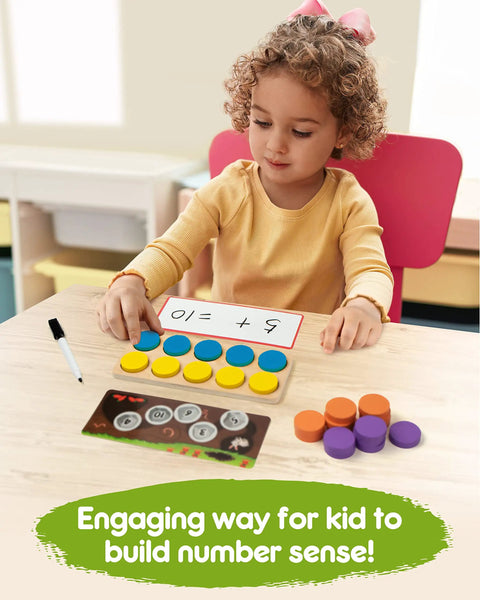 Child using Wooden Ten Frame Math Set With 152 Pieces For Kindergarten And Elementary Students Kid Friendly Ideal For Addition Subtraction Practice Montessori Style Counters Dice Number Stones Dry Erase Boards And Game Cards For Homeschooling at desk