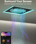 GRANDJOY 20" LED Shower System with Handheld Spray, Matte Black, featuring Bluetooth speaker and colorful LED lighting.