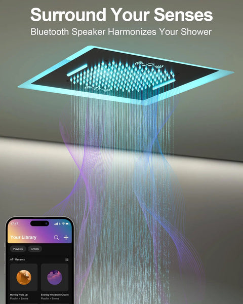GRANDJOY 20" LED Shower System with Handheld Spray, Matte Black, featuring Bluetooth speaker and colorful LED lighting.