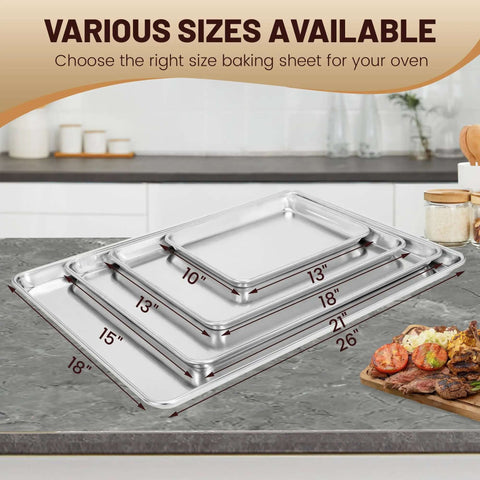12 Pack Half-Size Aluminum Baking Sheets Pan Set, Commercial Grade, various sizes displayed, food-grade aluminum, kitchen counter