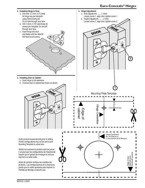 Installation guide for one and three eighths inch overlay face frame concealed hinge with four way adjustability nickel plated