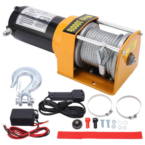 Cool 12V Electric Winch Kit Slams Out 3000Lbs With Durable 5mm X 10m Rope And Smooth 4 Way Roller Fairlead shows winch motor, rope, and accessories.