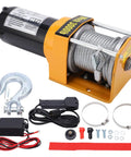 Heavy Duty 12V Electric Winch Kit Featuring 3000 LB Towing Capacity With Wired Control And Durable Stainless Steel Cable, including hook and controller.