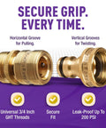 Easy Connect Garden Hose Quick Connect Fittings 3/4 Inch GHT Solid Brass Leak Proof Heavy Duty Up To 200 PSI For Hoses Faucets Pressure Washers Sprayers, showing grooves and secure grip features.