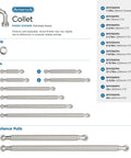 Collet polished nickel cabinet pulls and knobs size chart with dimensions and product codes on white background