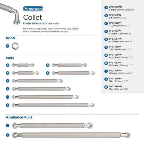 Collet polished nickel cabinet pulls and knobs size chart with dimensions and product codes on white background
