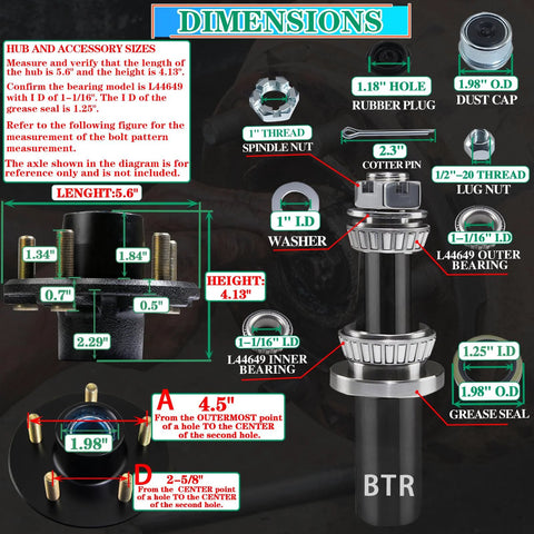 Exploded view of OZISENS 2-set trailer hub kit for 5x4.5 bolt pattern; spindle and L44649 bearings with grease seal.