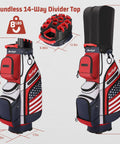 Fourteen Way Golf Cart Bag With T Lock Top And Full Length Dividers USA Flag Mens Premium Cart Golf Bag With Cooler