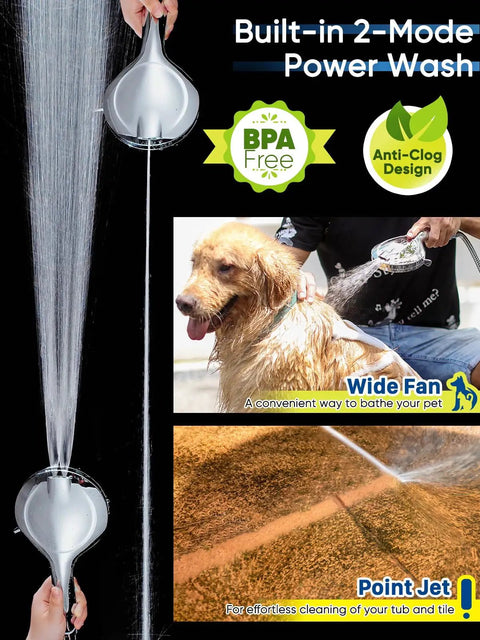 High Pressure Handheld Shower Head With 60 Inch Stainless Steel Hose in use for pet bathing and tile cleaning