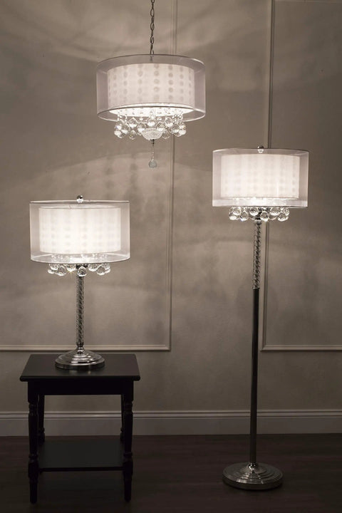 Moiselle Swanky Modern Table Lamp With Chrome Finish, Double Drum Shade In Sheer Off White, on dark wood table, room setting