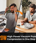 Man using Ultra Portable Mini Air Pump For Inflatables With 2400mAh Battery for vacuum storage bag compression on a table.