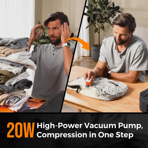 Man using Ultra Portable Mini Air Pump For Inflatables With 2400mAh Battery for vacuum storage bag compression on a table.
