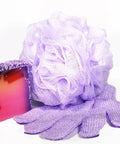 Exfoliating Bath Gloves Pack Of 4 For Smooth Soft Skin And Gentle Daily Scrub with purple gloves, soap, and loofah