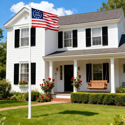 Single Sided Embroidered Betsy Ross 1776 Flag 3x5 Ft Outdoor US 13 Colonies Banner by house with flagpole and swing