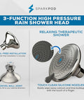 High-Pressure 3-Function Rain Shower Head With Luxury Modern Look Three Point Seven Five Inch Wide Angle Rainfall With Tool-Free Installation