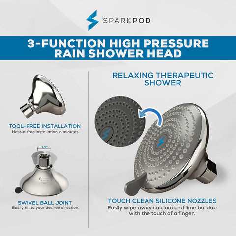 High-Pressure 3-Function Rain Shower Head With Luxury Modern Look Three Point Seven Five Inch Wide Angle Rainfall With Tool-Free Installation