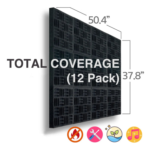 Bang For Buck Black Acoustic Foam Panels 12 Pack Hella Effective Sound Absorption for podcast recording, 50.4" x 37.8" size.