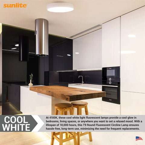 Modern kitchen with Circline Fluorescent Lamp 40W T9 Round 2600 Lumens 4100K Cool White G10Q Ceiling Light above wooden island.