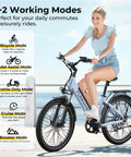 Woman riding High Power 1000W Peak Electric Bike For Adults With 20 MPH Top Speed, 26 Inch Step Thru Commuter E Bike in bicycle mode