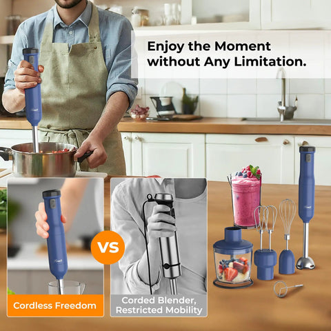 Cordless Rechargeable Immersion Hand Blender 6 In 1 Multi Function Kit with attachments and user blending soup