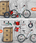 Heavy Duty Steel Garage Hooks 14 Pack With Tough Non Slip Coating Wall Mount Tool Hangers For Ladders Yard Gear And Bulky Junk To Keep Your Garage Hella Organized before and after images of organized tools and bike.
