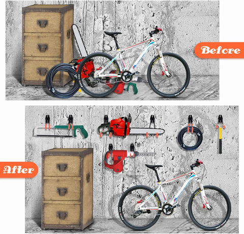 Heavy Duty Steel Garage Hooks 14 Pack With Tough Non Slip Coating Wall Mount Tool Hangers For Ladders Yard Gear And Bulky Junk To Keep Your Garage Hella Organized before and after images of organized tools and bike.