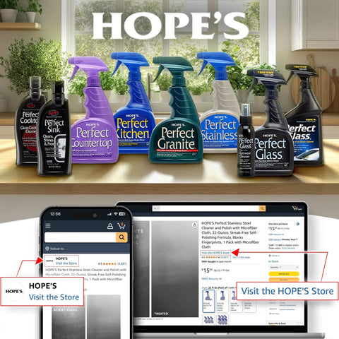 HOPE'S line of cleaning products for various surfaces displayed on a countertop with a digital shopping interface.