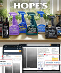 Various Hope's cleaning products displayed on a counter with a phone and laptop showing Hope's online store.