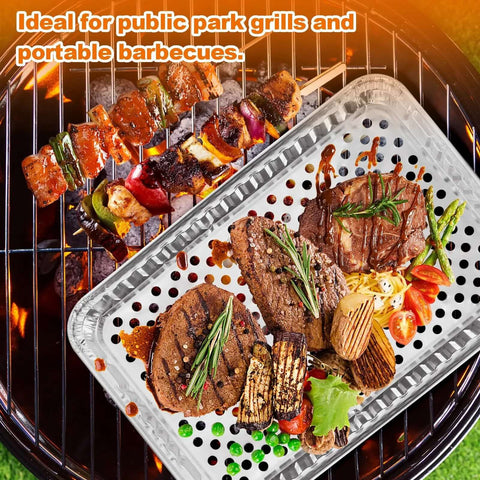 20 Pack Aluminum Foil Pans 16 By 12 Inch Large Disposable Bakeware used for grilling BBQ on outdoor grill with skewers and vegetables