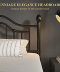 Queen Metal Bed Frame With Classical Headboard And Footboard Matte Black Steel Platform Bed Featuring Ornate Ball Details in bedroom.