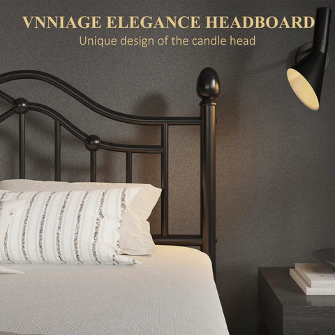 Queen Metal Bed Frame With Classical Headboard And Footboard Matte Black Steel Platform Bed Featuring Ornate Ball Details in bedroom.