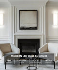 Aipsun Hardwired Wall Sconces Set of Two 28W 3-Level Dimming LED illuminated on a living room wall.