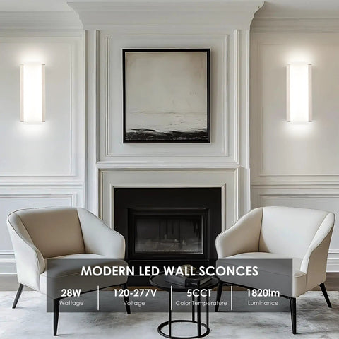 Aipsun Hardwired Wall Sconces Set of Two 28W 3-Level Dimming LED illuminated on a living room wall.