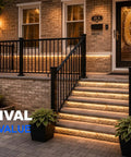 Top Notch Level Deck Railing Kit Designed For 12 To 16 Foot Spans At A Clean Forty Two Inch Rise with black posts and illuminated steps.