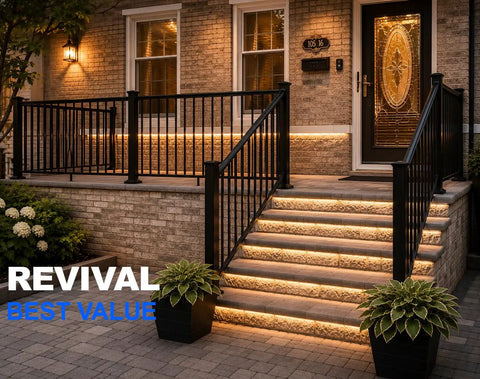Badass Deck Railing Kit For Your Backyard, Built For 8 To 12 Foot Spans At 42 Inches High, black railing on front porch with steps.